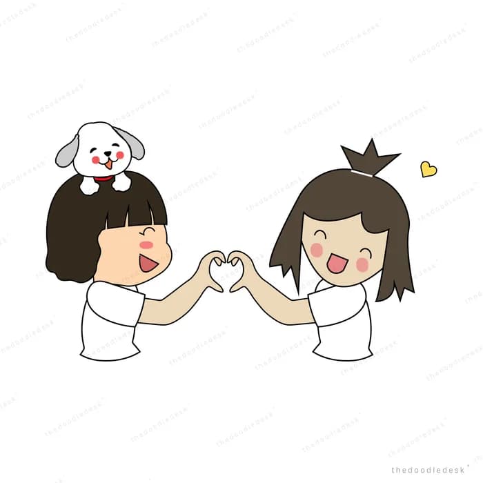 Two girls high-fiving with a dog between them