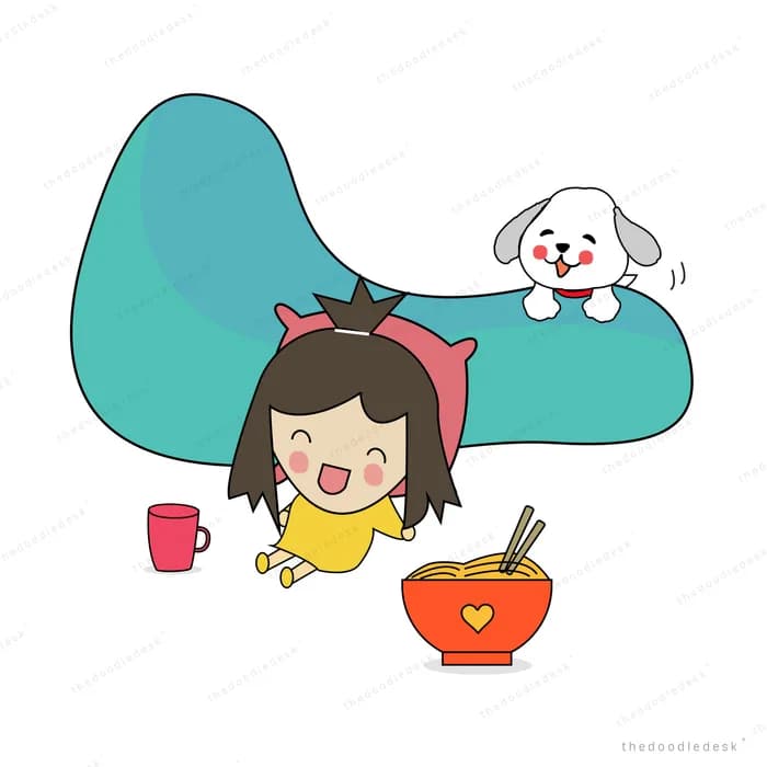 Girl eating on a teal sofa with her dog