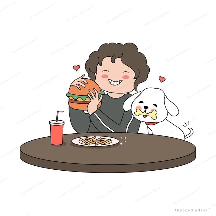 Man eating at a round table with his dog