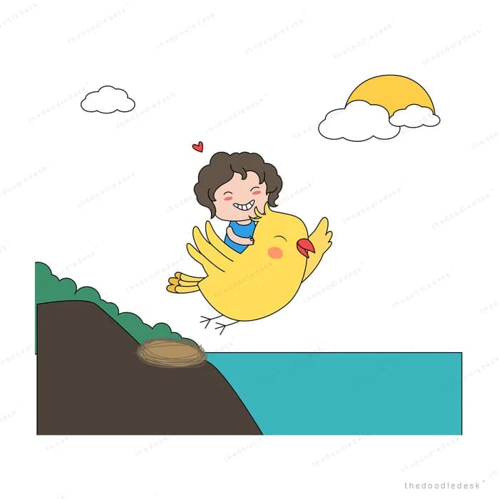Boy riding a large yellow bird off a cliff