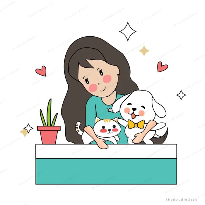 Woman at a teal counter with her dog and a plant