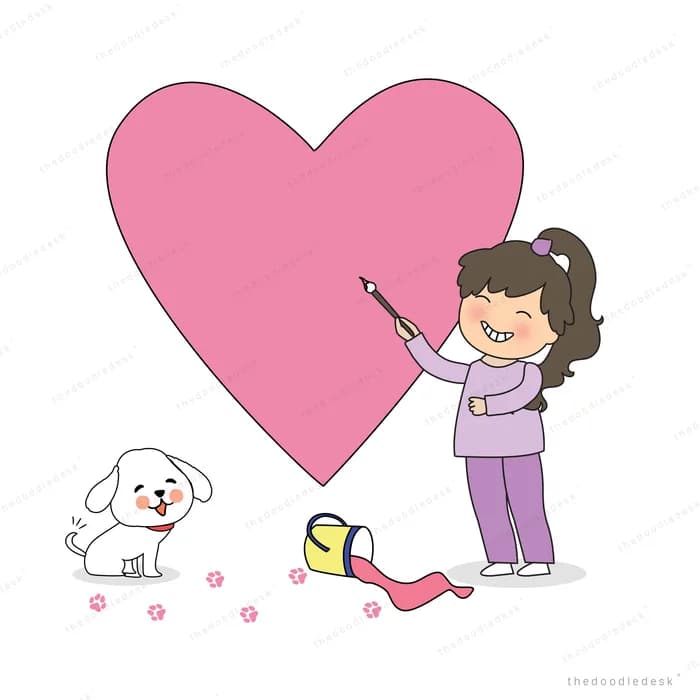 Girl decorating a giant pink heart with her dog