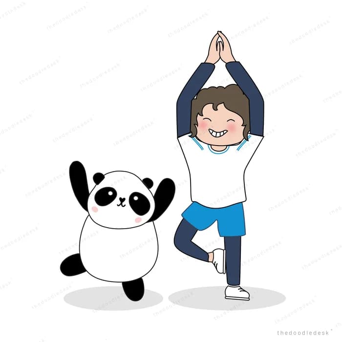 Boy and panda doing a tree yoga pose together