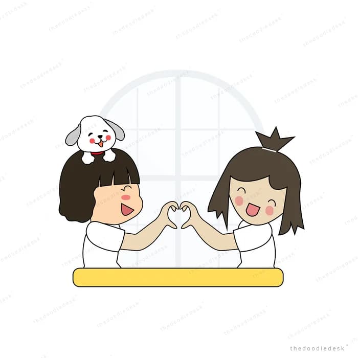 Two girls arm wrestling at a yellow table with a dog
