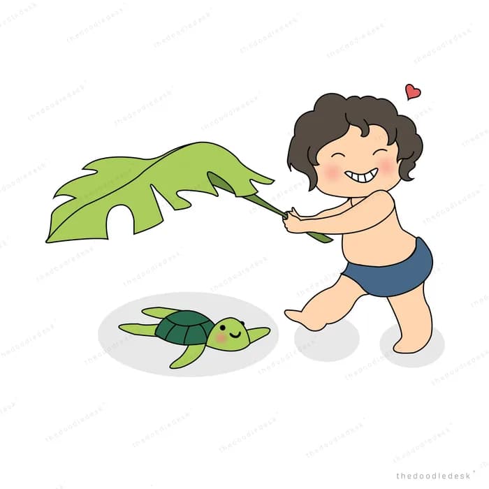 Boy holding a leaf over a turtle in a pond