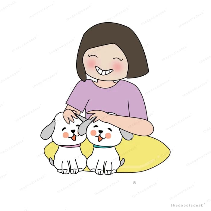 Woman sitting with two puppies on a cushion