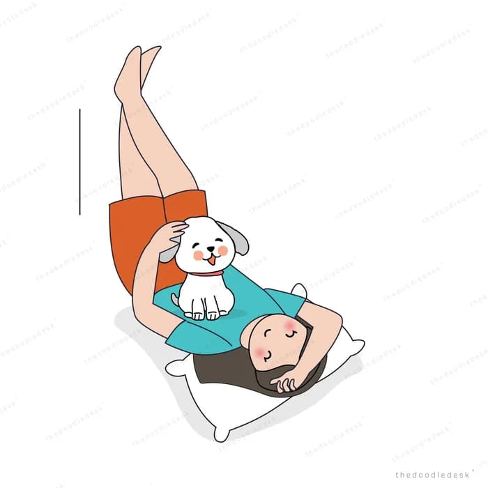 Girl lying on her back with legs up beside her dog