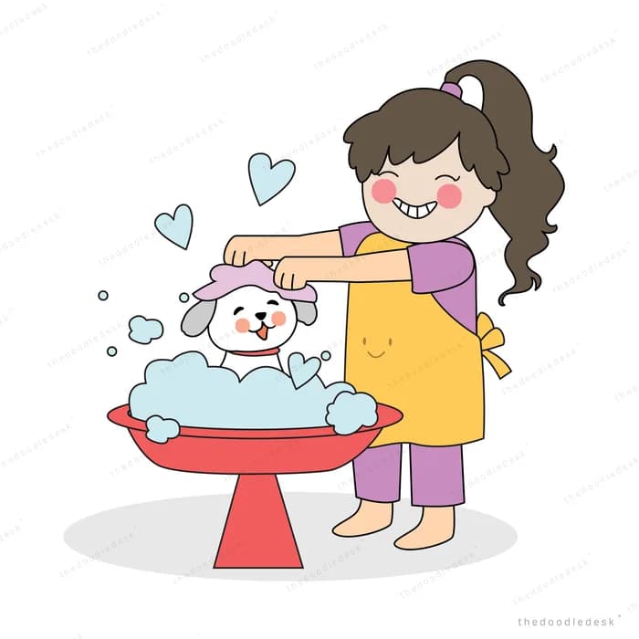 Woman washing her dog in a basin