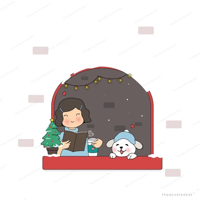 Girl and dog at a window box with fairy lights