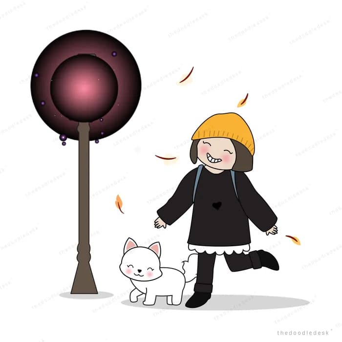 Woman walking past a street lamp with a cat