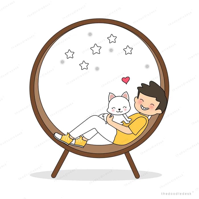 Couple relaxing in a round hanging chair with a cat