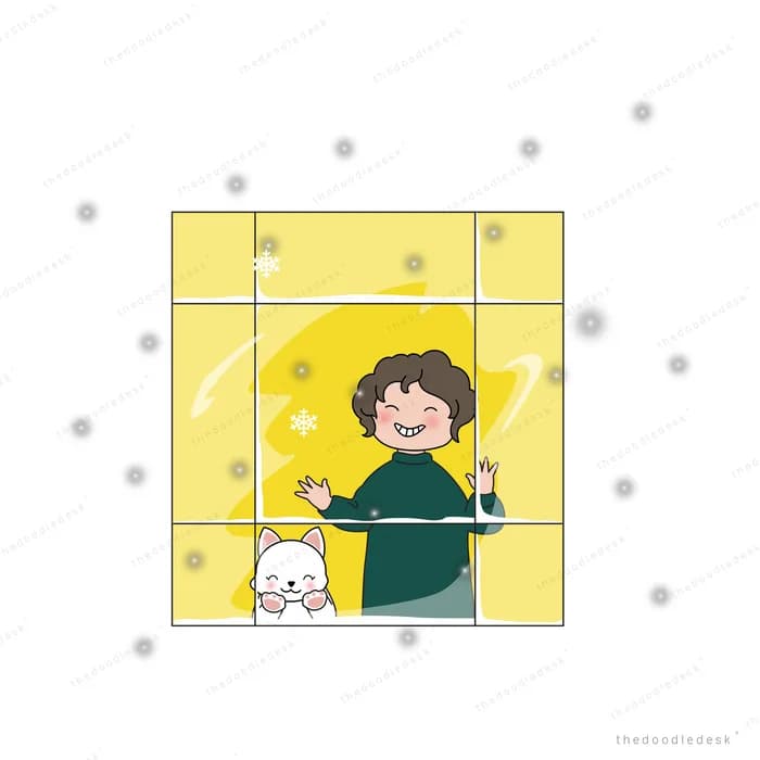 Boy and dog at a bright yellow window with orbs