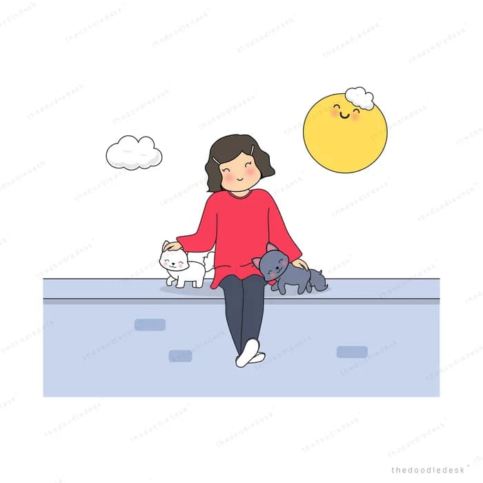 Girl with a cat on a ledge beside a smiling moon