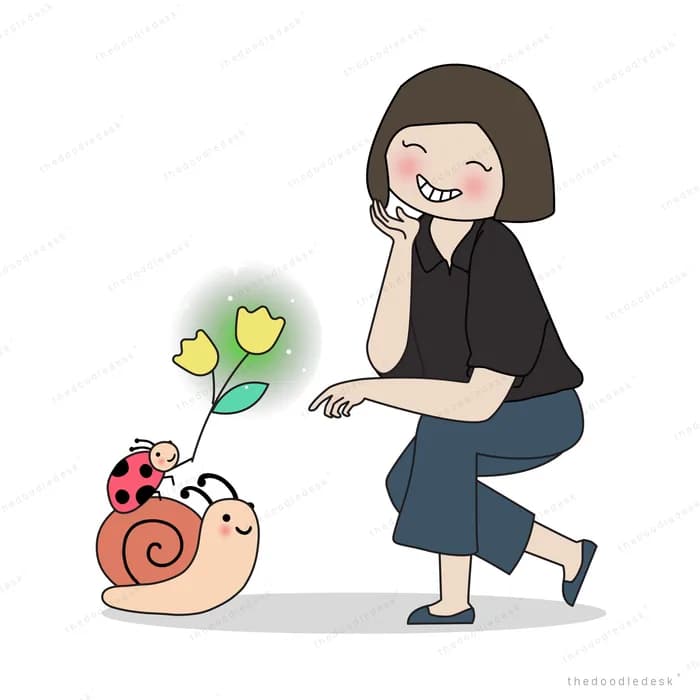 Woman holding a dark orb beside a snail