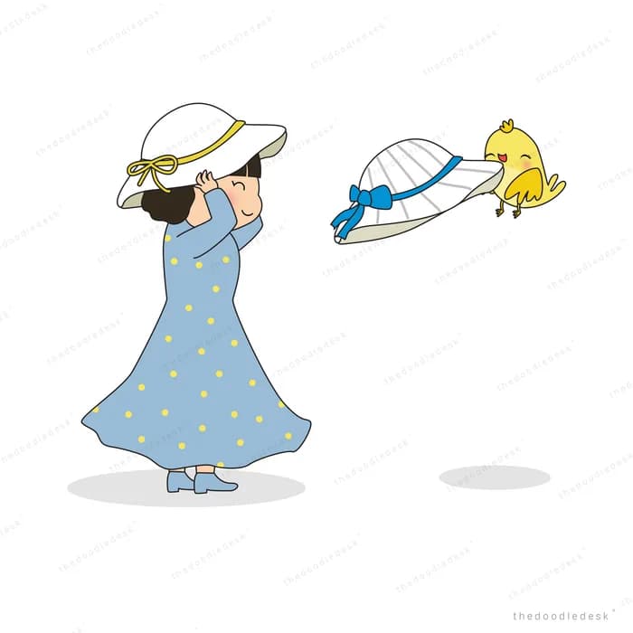 Woman in a sun hat with a cat leaping nearby