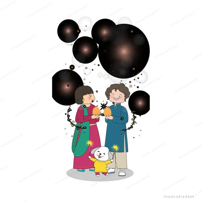 Couple in Indian dress with a dog under dark balloons
