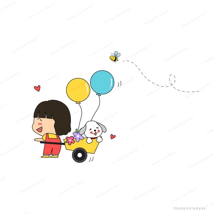 Girl with balloons and a dog beside a small cart