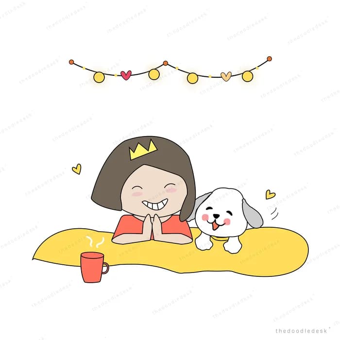 Girl and dog lying on a yellow mat under bunting