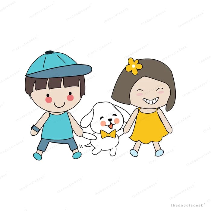 Boy and girl walking their dog together