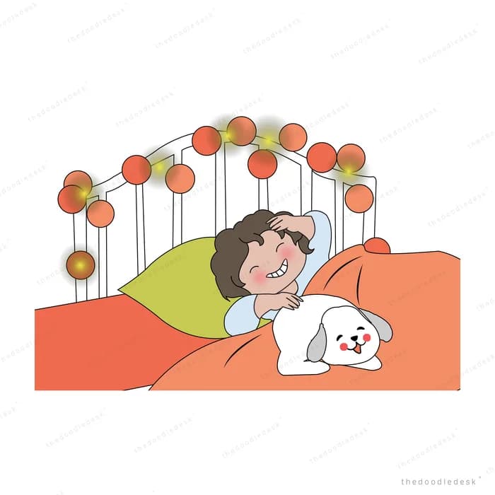 Woman asleep in bed with her dog under lights