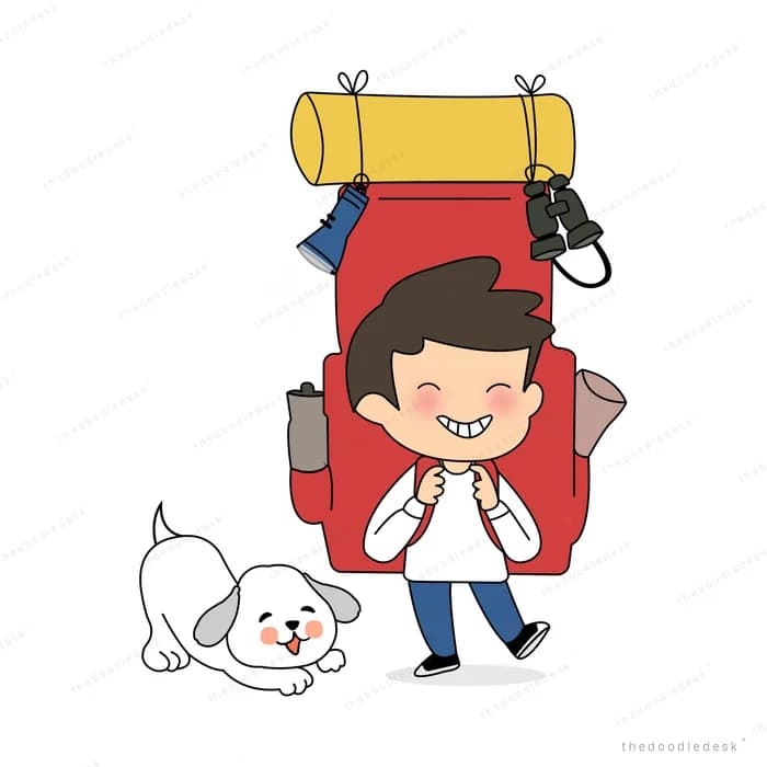 Man with a hiking backpack walking with his dog
