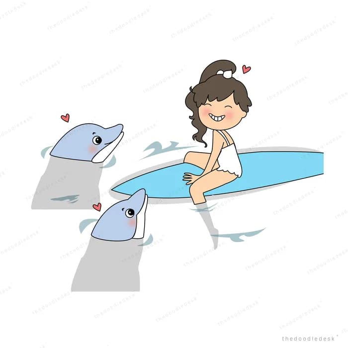 Girl surfing with dolphins alongside