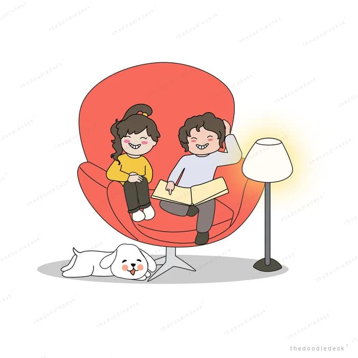 Two children reading in a red armchair with a dog