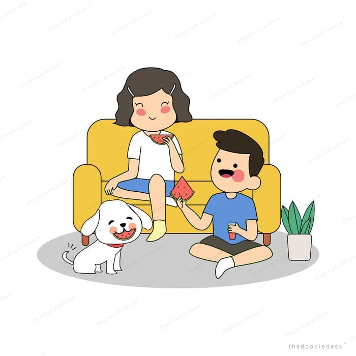 Family relaxing on a yellow sofa with their dog
