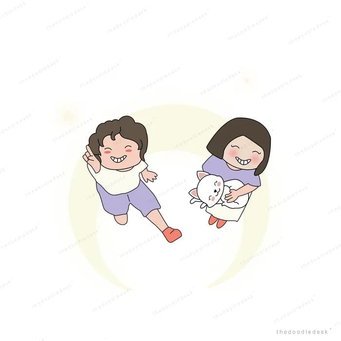 Two children and a dog leaping in a glow