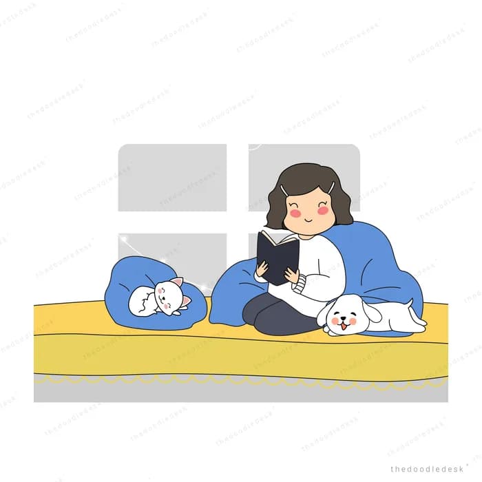 Girl reading on a yellow bed with dogs