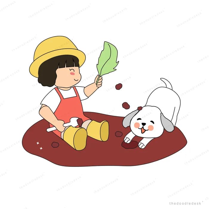 Girl in a sun hat gardening with her dog on soil