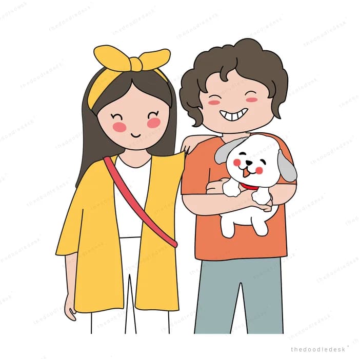 Couple standing together holding their dog