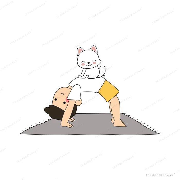 Boy in a yoga pose with a cat on his back