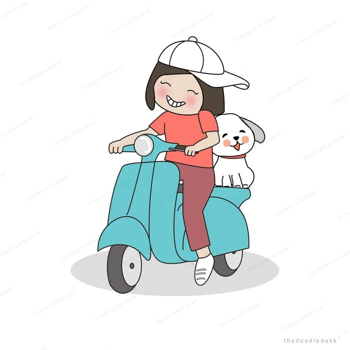 Woman riding a teal scooter with her dog behind