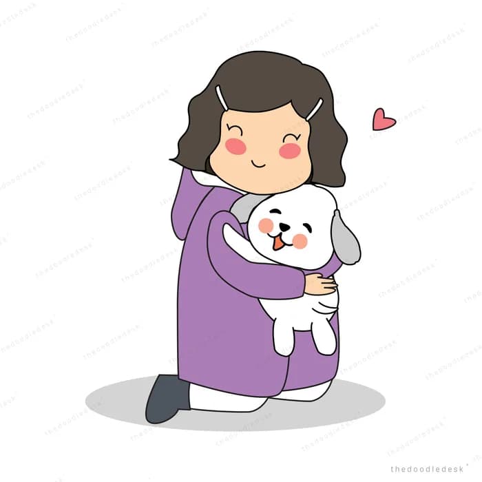 Woman kneeling and hugging her dog