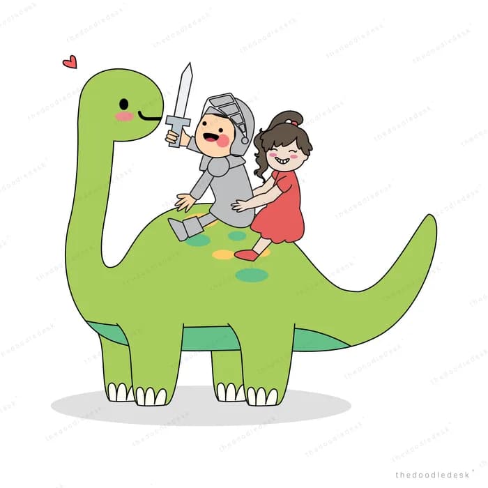 Children in armour riding a green dinosaur