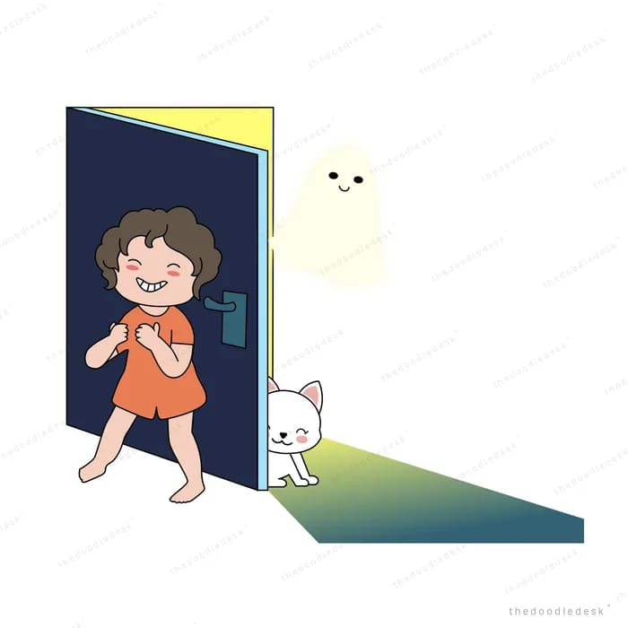 Girl and cat startled by a ghost in a doorway