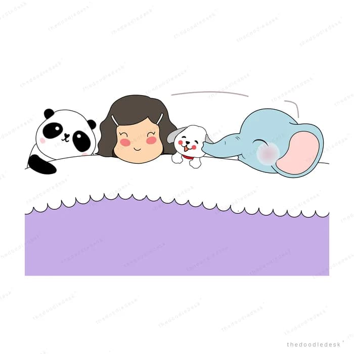 Girl asleep in bed with panda, dog and elephant toys