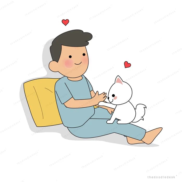 Man reclining on a cushion playing with a cat
