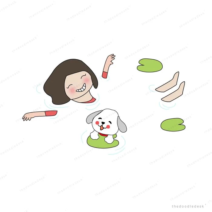 Girl lying beside her dog among scattered items