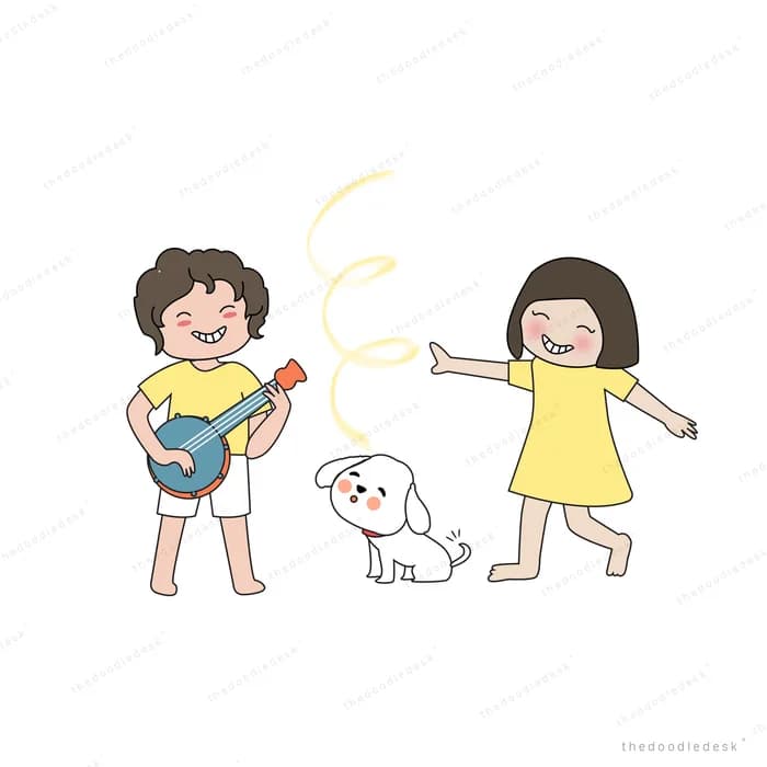 Boy playing music while a girl dances with a dog