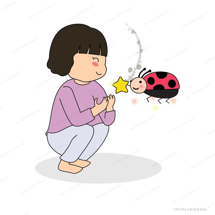 Girl offering a star to a large ladybug