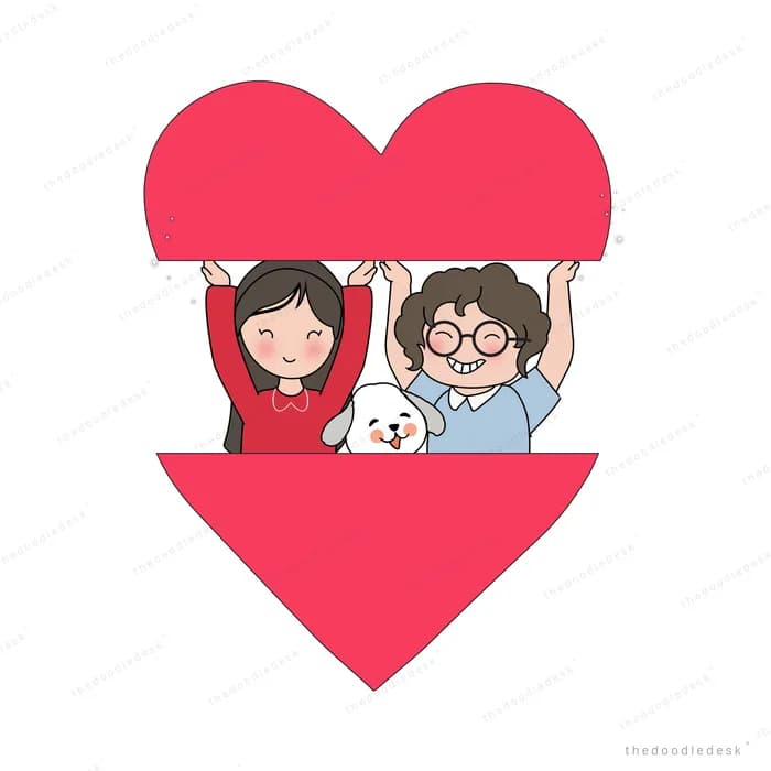 Family framed inside a large red heart
