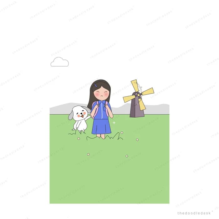 Woman and child on a green field with a dog