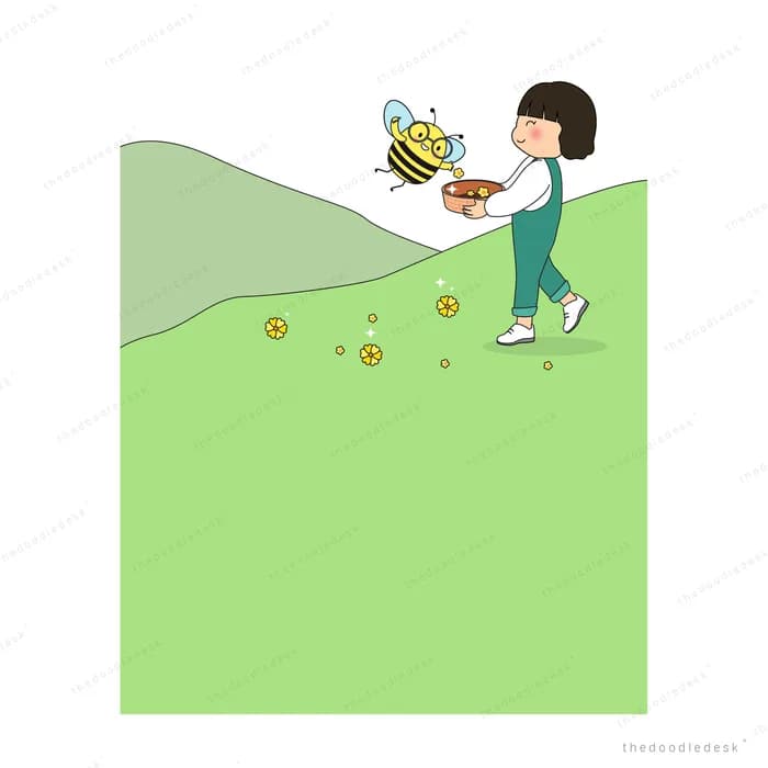 Girl carrying a tray up a green slope with a bee