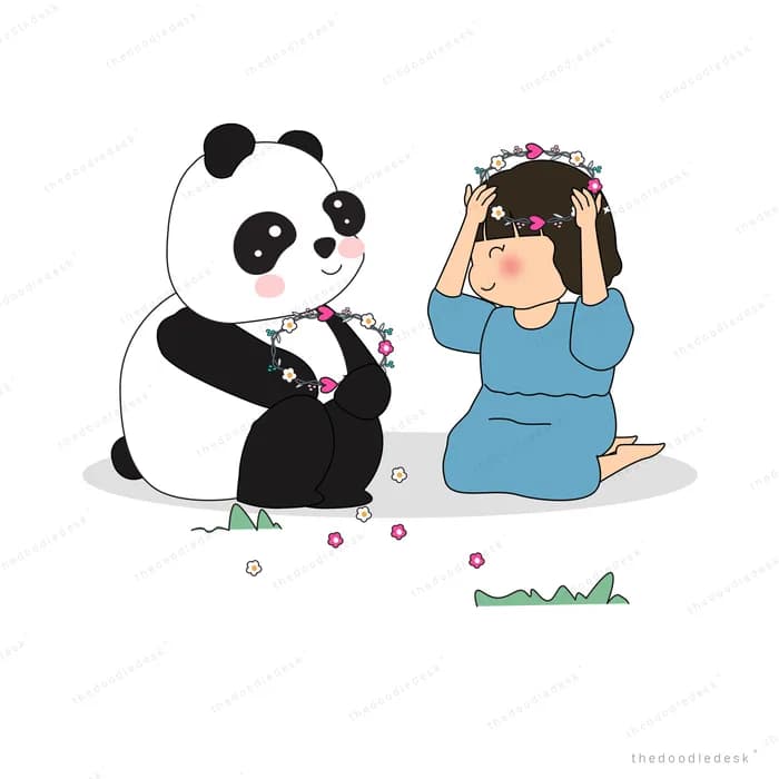 Panda and girl sitting together adjusting flower crowns