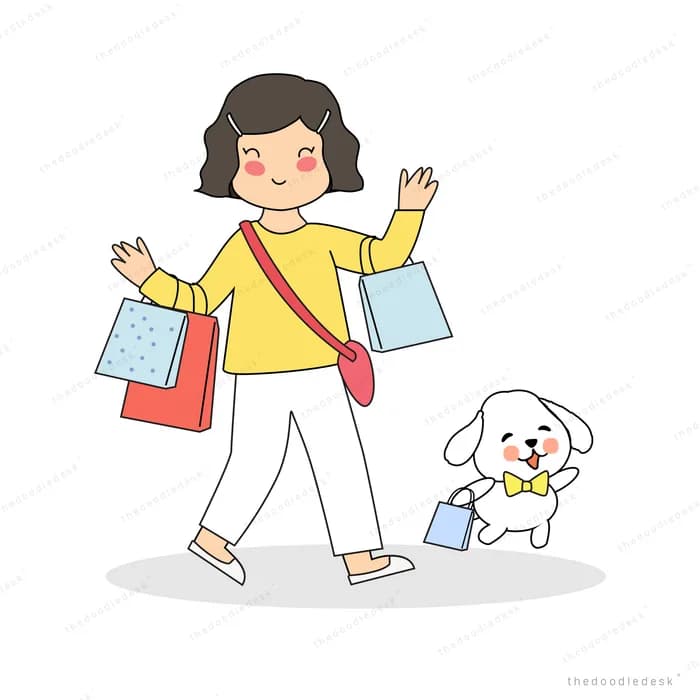 Woman with shopping bags walking her dog