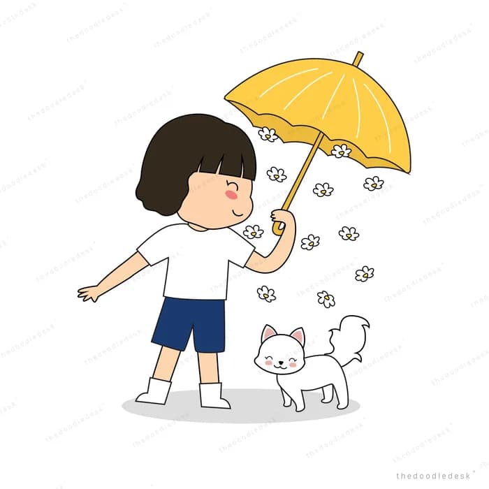Boy shaking a yellow umbrella beside his dog