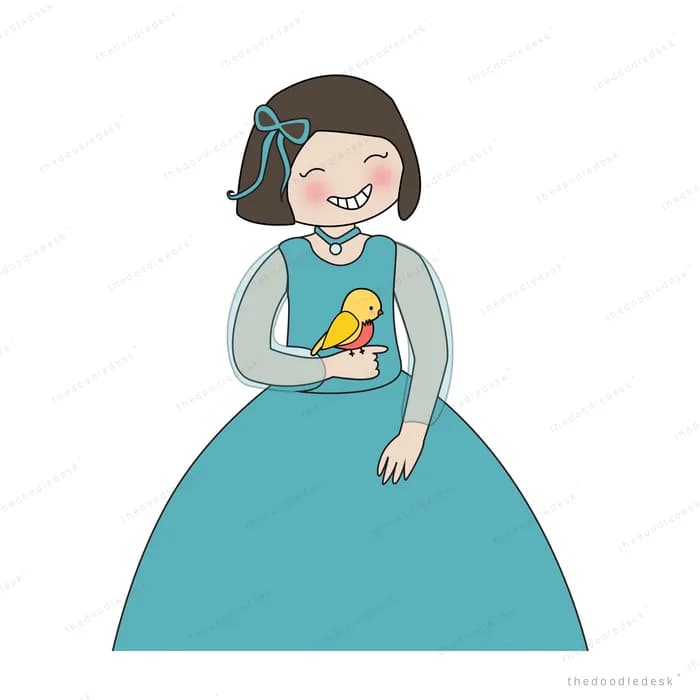 Girl in a teal dress cradling a small chick