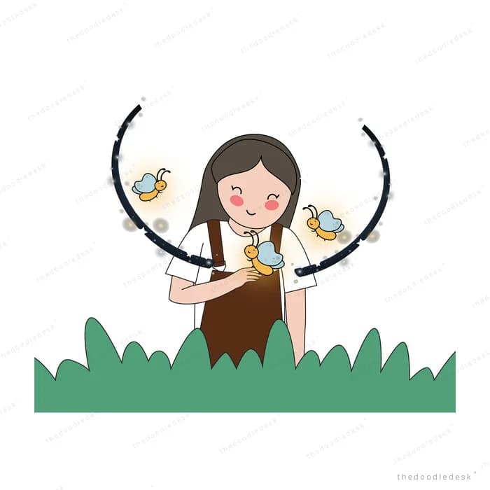Girl in grass with birds on a beaded strand